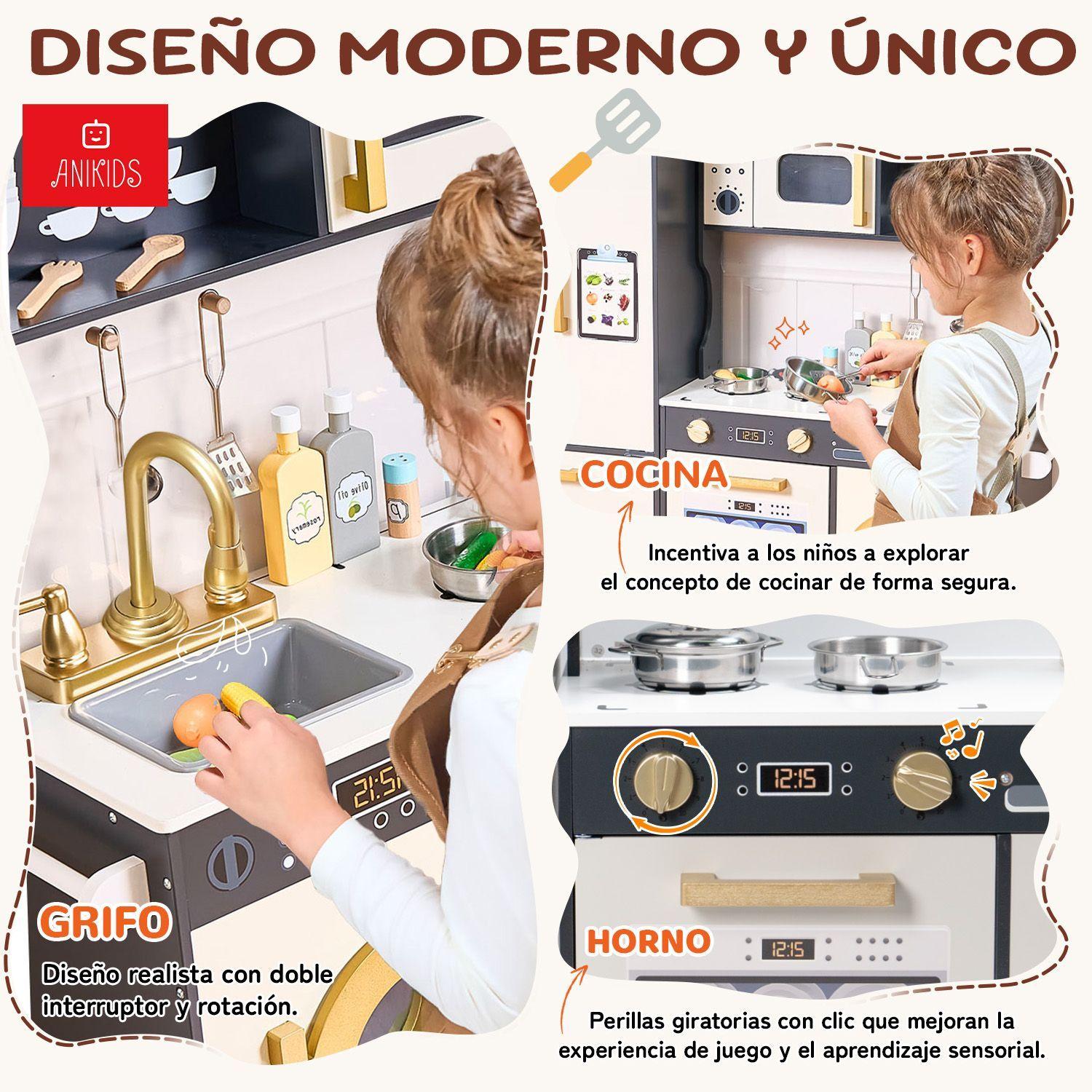 Cocina De Juguete Infantil De Madera Extra Grande 100x89cm Negro con Crema-2