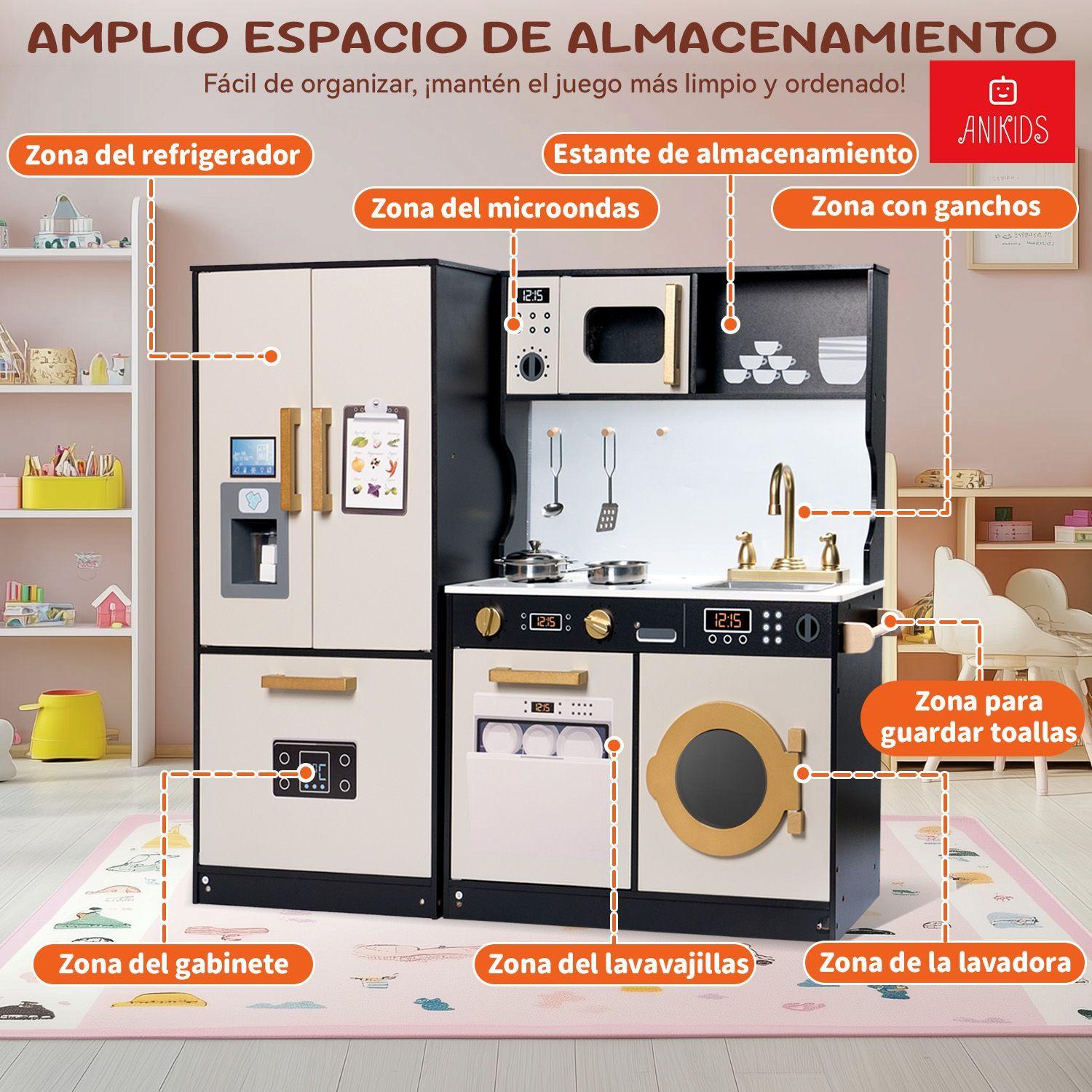 Cocina De Juguete Infantil De Madera Extra Grande 100x89cm Negro con Crema-5