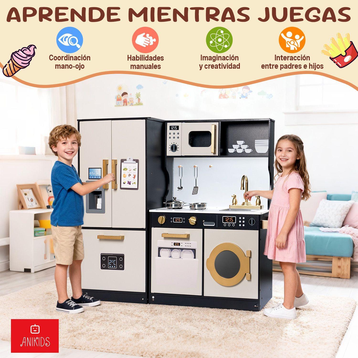 Cocina De Juguete Infantil De Madera Extra Grande 100x89cm Negro con Crema-8