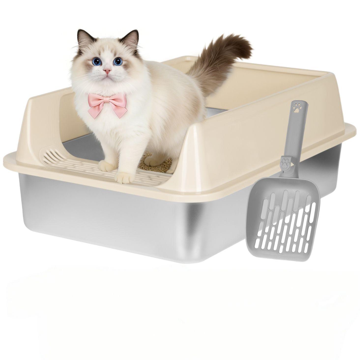 Arenero Gatos Grande Michis Bano Sanitario Acero Inox Con Pala Color Cafe-0