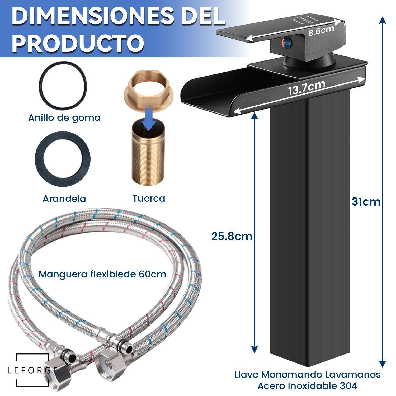 Llave Monomando Lavamanos Alta Bano Cascada Acero Inox 304-9