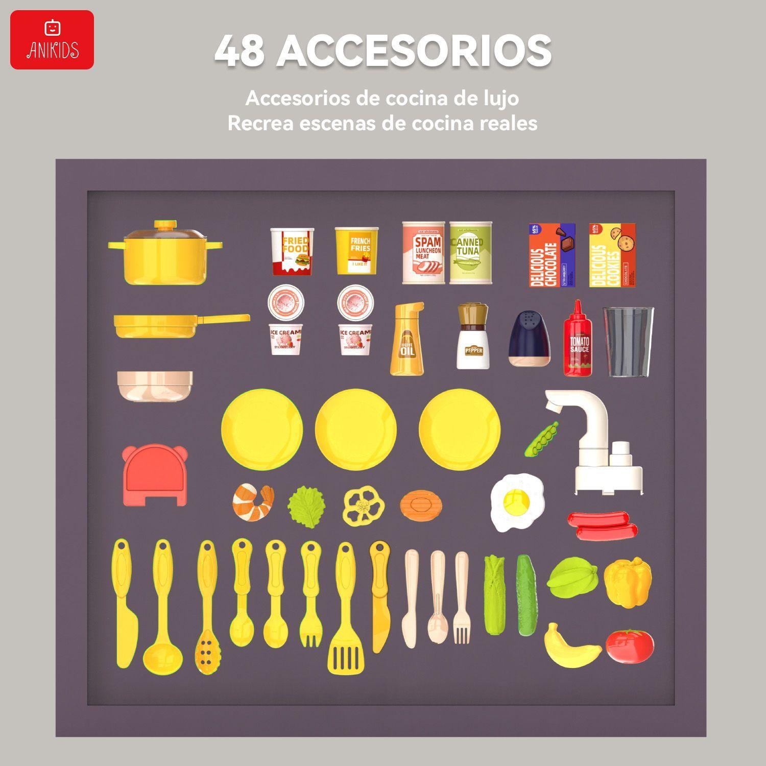Cocina Juguete ANIKIDS Multifuncional 50 Piezas Luces Sonidos Vapor 78cm-6