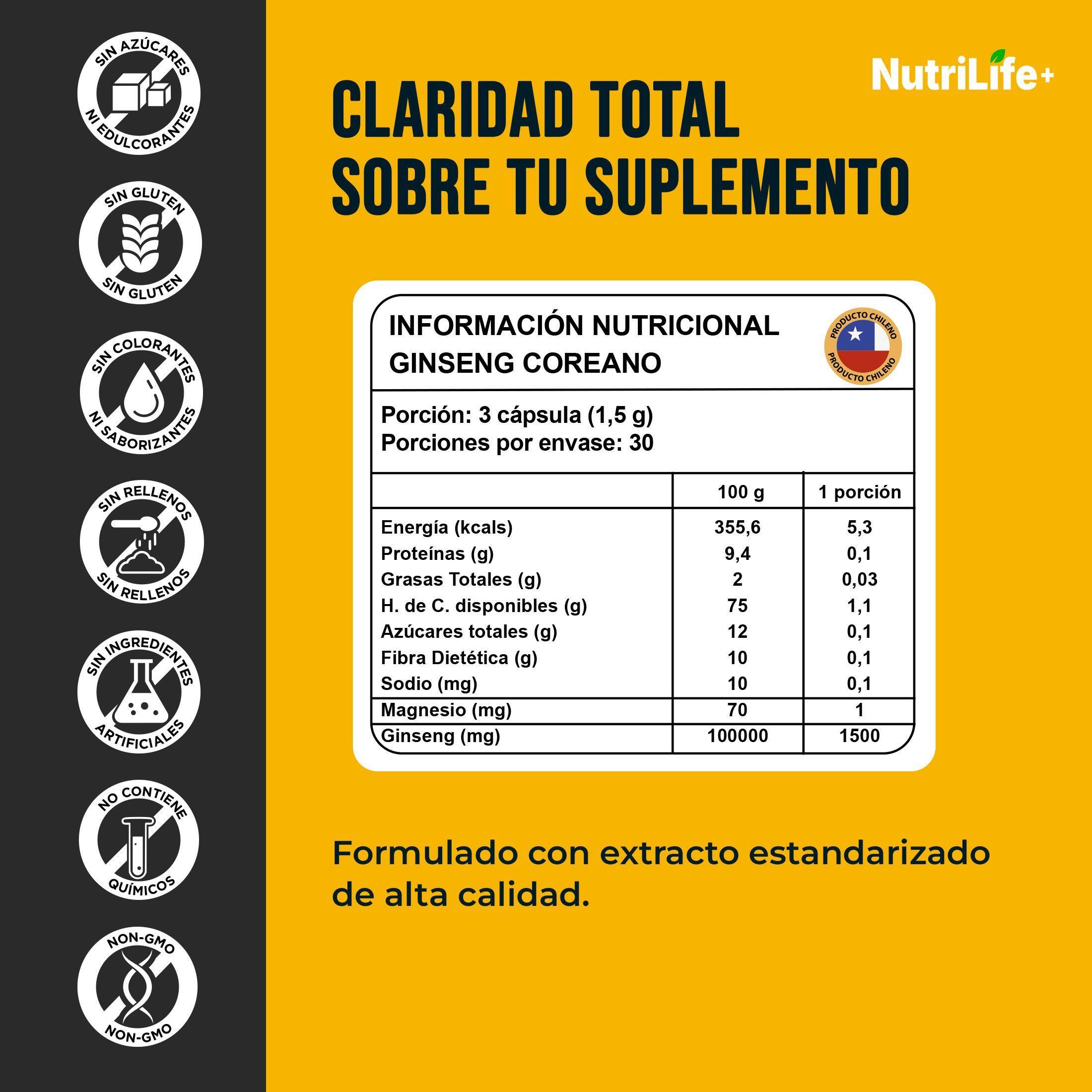 Pack 2 Ginseng Coreano 500mg Nutrilife 180 Caps Suplementos Para Concentraci n-3