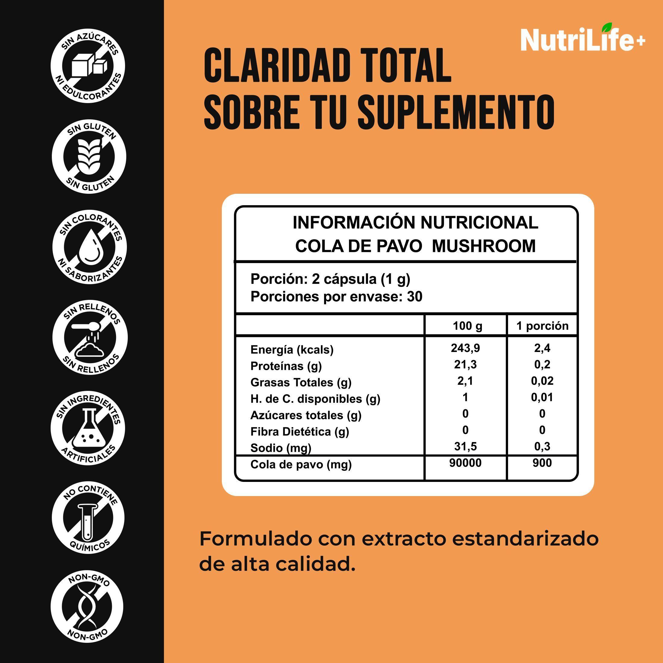 Cola De Pavo Mushroom 500mg 60 Capsulas 500mg Nutrilife+ Sin Sabor Bienestar-3