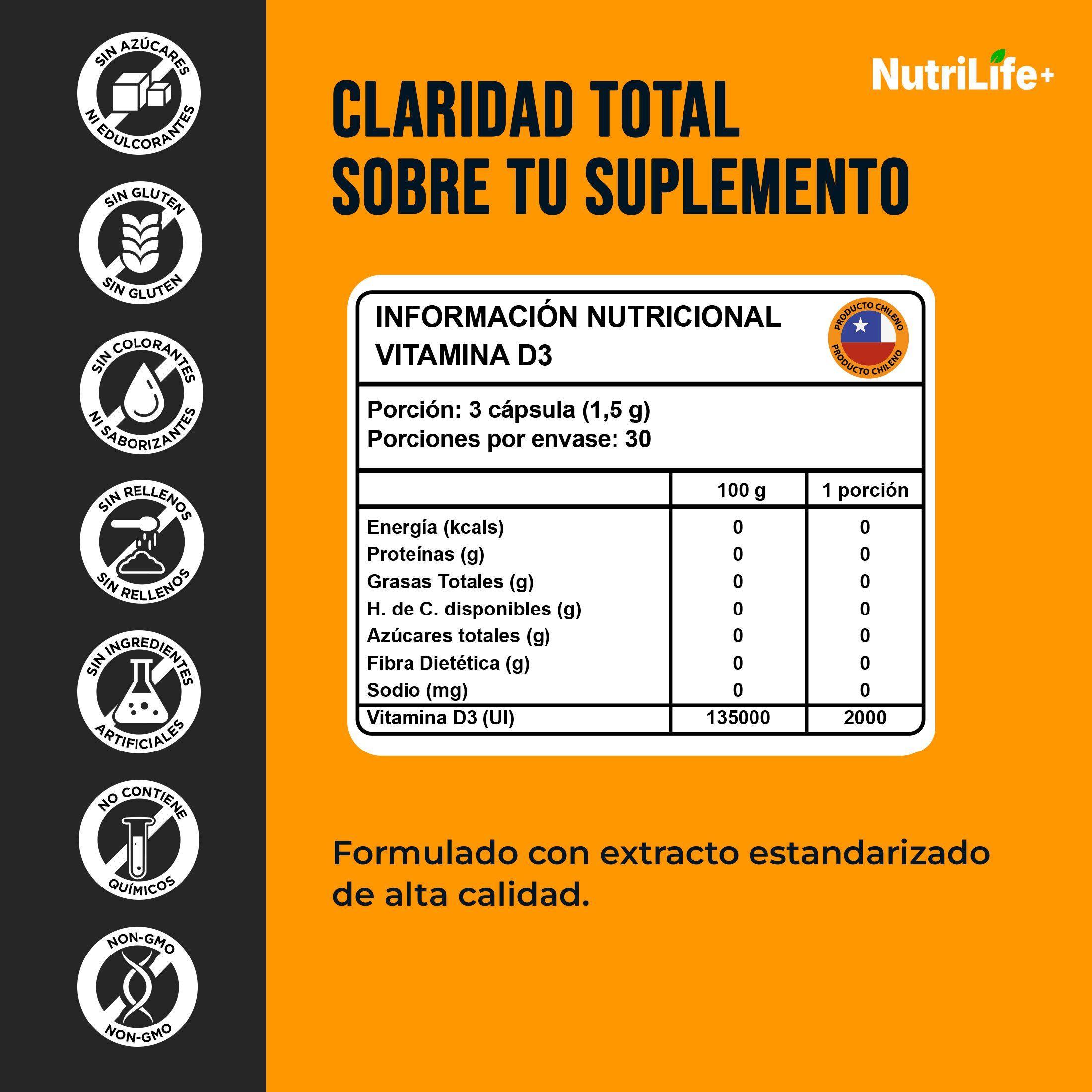 Vitamina D3 90 Capsulas 500mg Nutrilife Bienestar Sin Sabor Suplemento Alimenticio-3