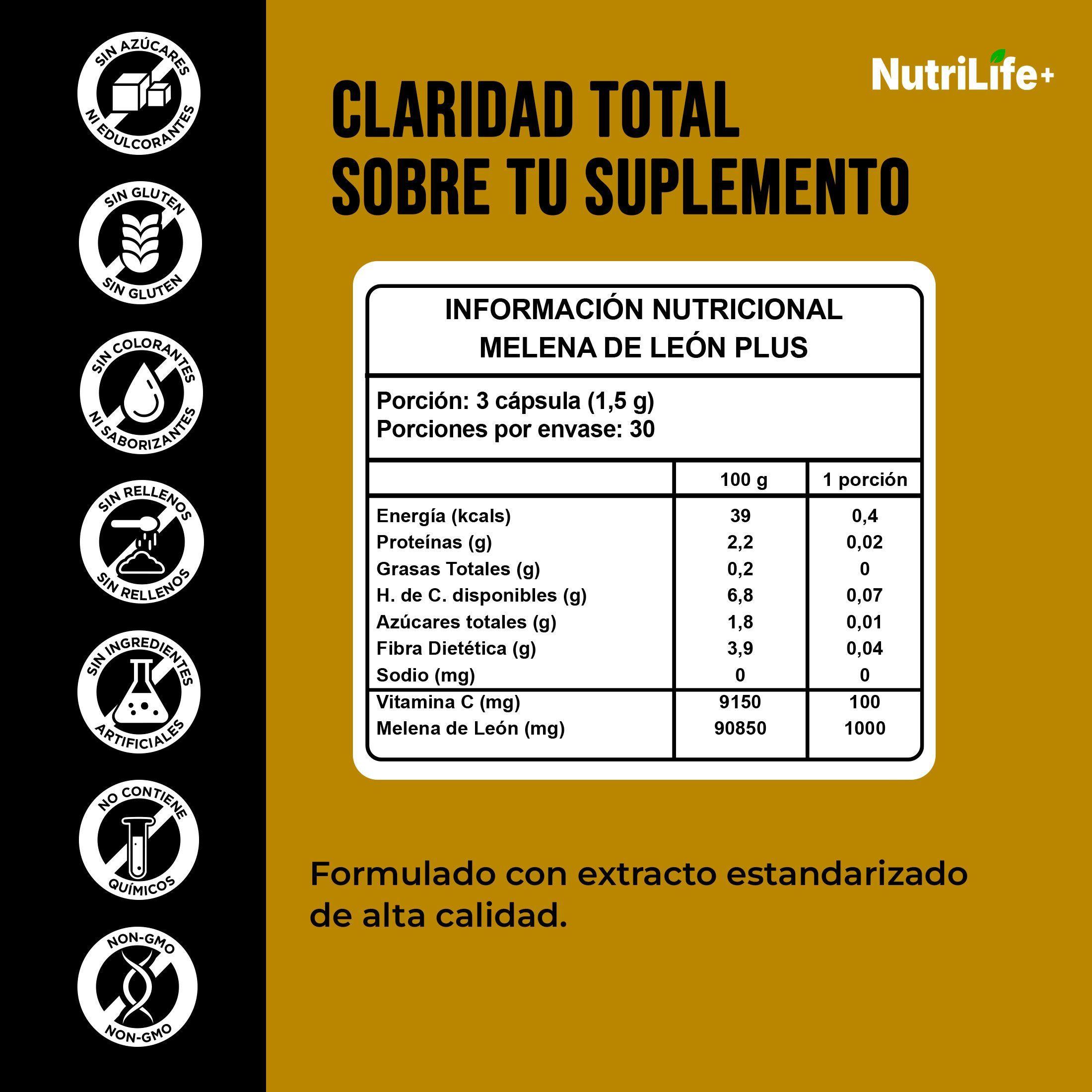 Pack 2 Melena De Leon Plus Hongo 180 Capsulas Nutrilife+ Sin Sabor Bienestar -3