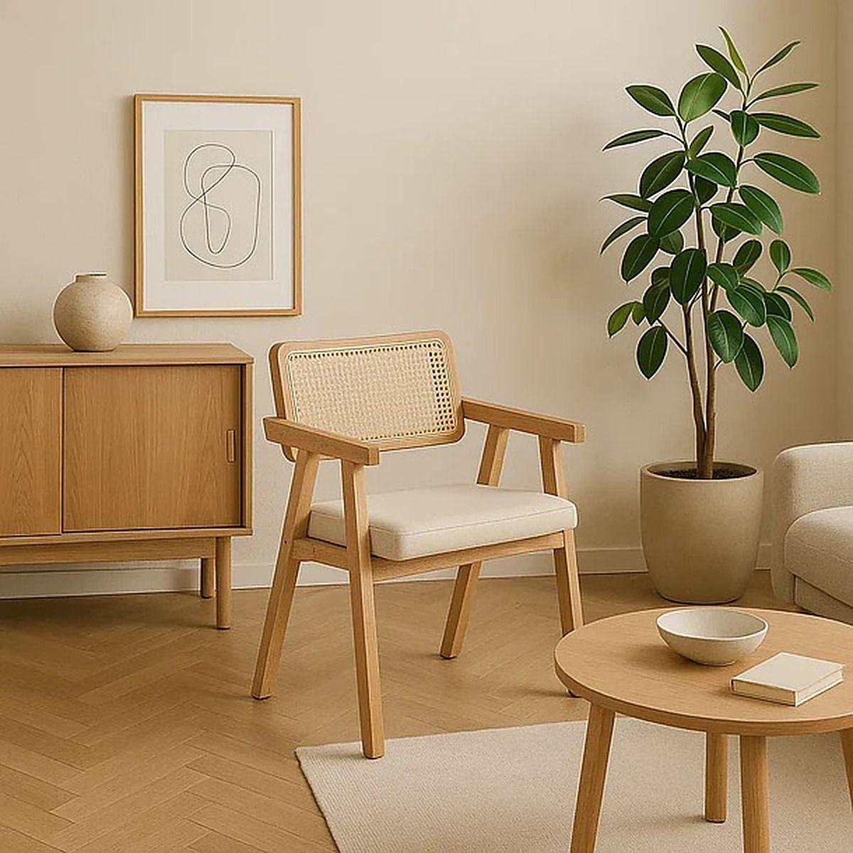 Sitial Chandigarh Butaca de Madera con Respaldo de Rattan y Asiento Acolchado-4