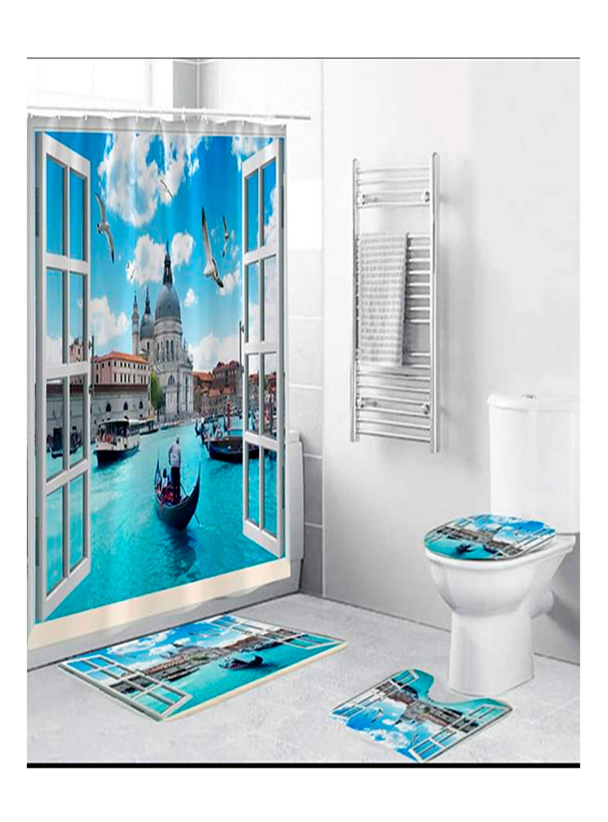 Set baño 4 piezas cortinas,limpiapies y cubre wc 8-0