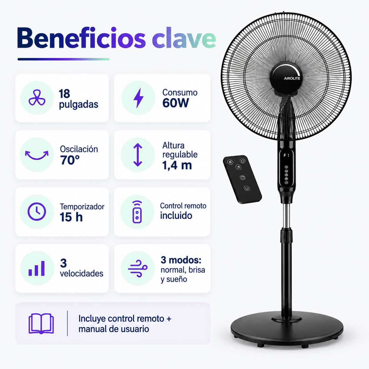 Ventilador Pedestal Pie Silencioso 18 V18p8r Black Airolite-1