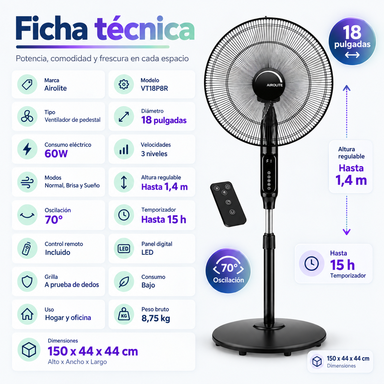 Ventilador Pedestal Pie Silencioso 18 V18p8r Black Airolite-3