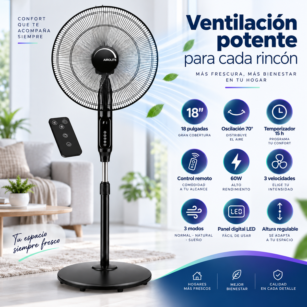 Ventilador Pedestal Pie Silencioso 18 V18p8r Black Airolite-4