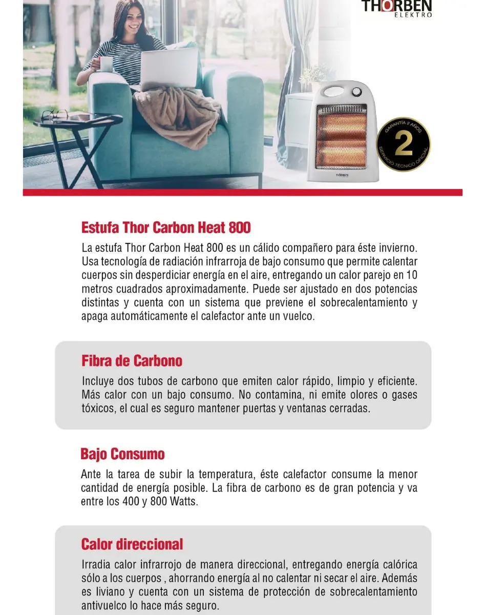 Estufa Electrica Calefactor Bajo Consumo Thorben Carbon Heat 800-3