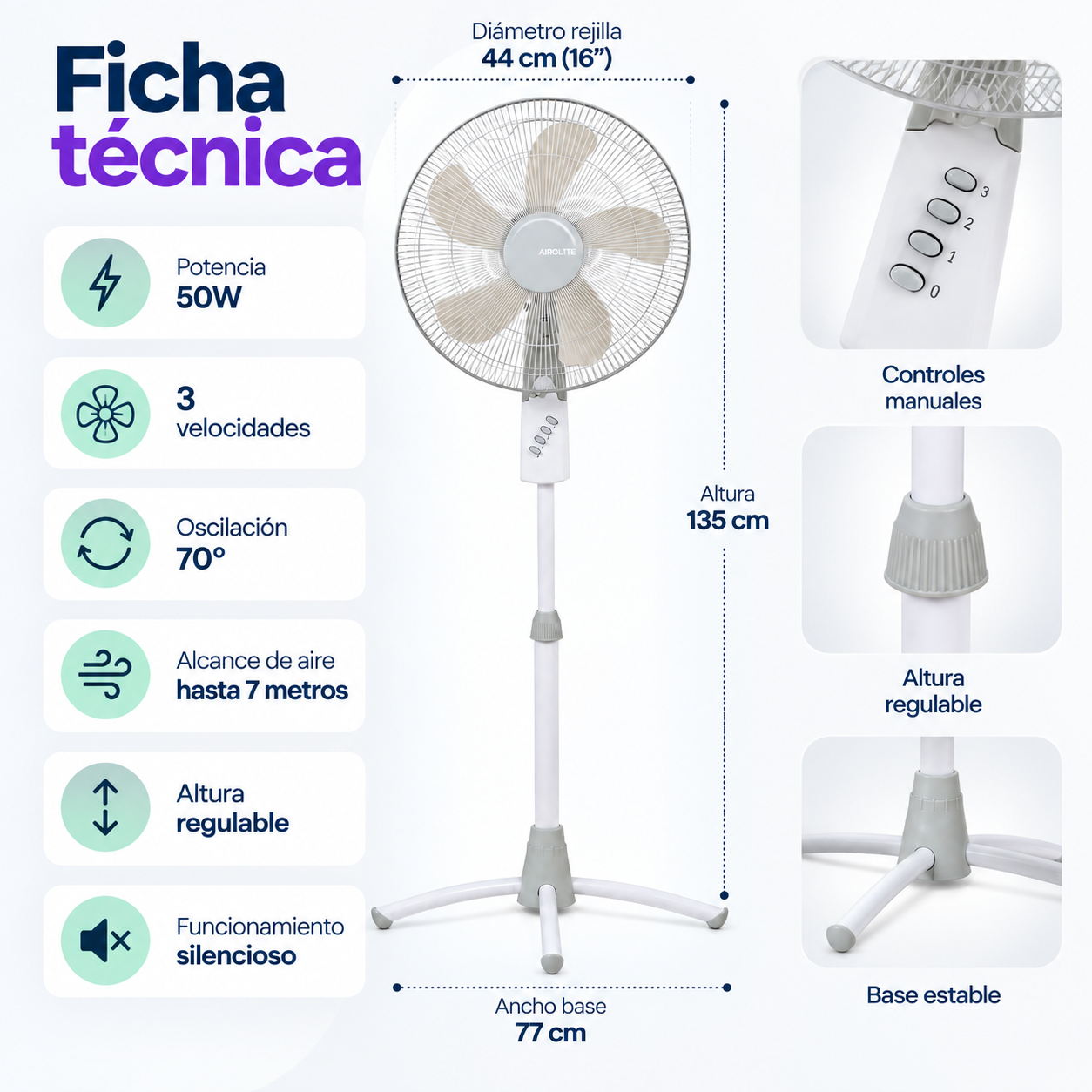 Ventilador Pedestal Pie Silencioso 16 V16p6 Airolite 406cm-3