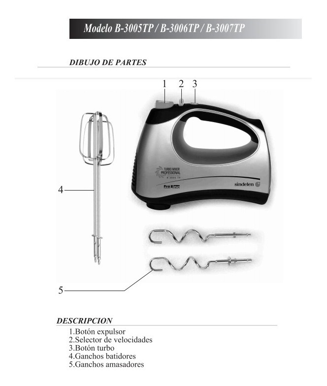 Batidora Mezcladora Manual Sindelen B-3005tp Con Turbo 300w-5