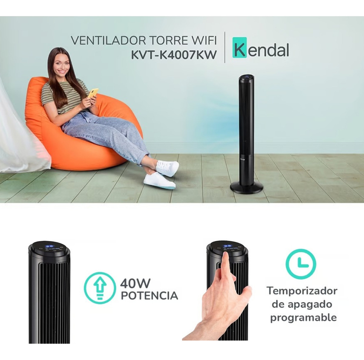 Ventilador Torre Pedestal Silencioso Kendal Kvt-k4007 Wifi-2