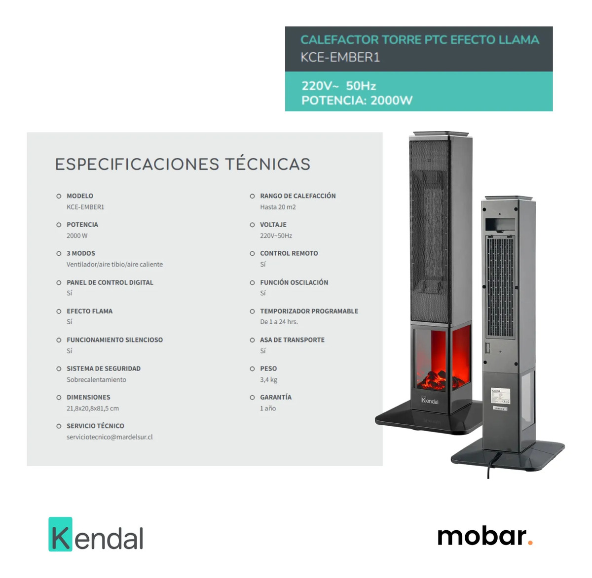 Calefactor Torre Ptc 2000w Kec ember1 Kendal Estufa Electric-7