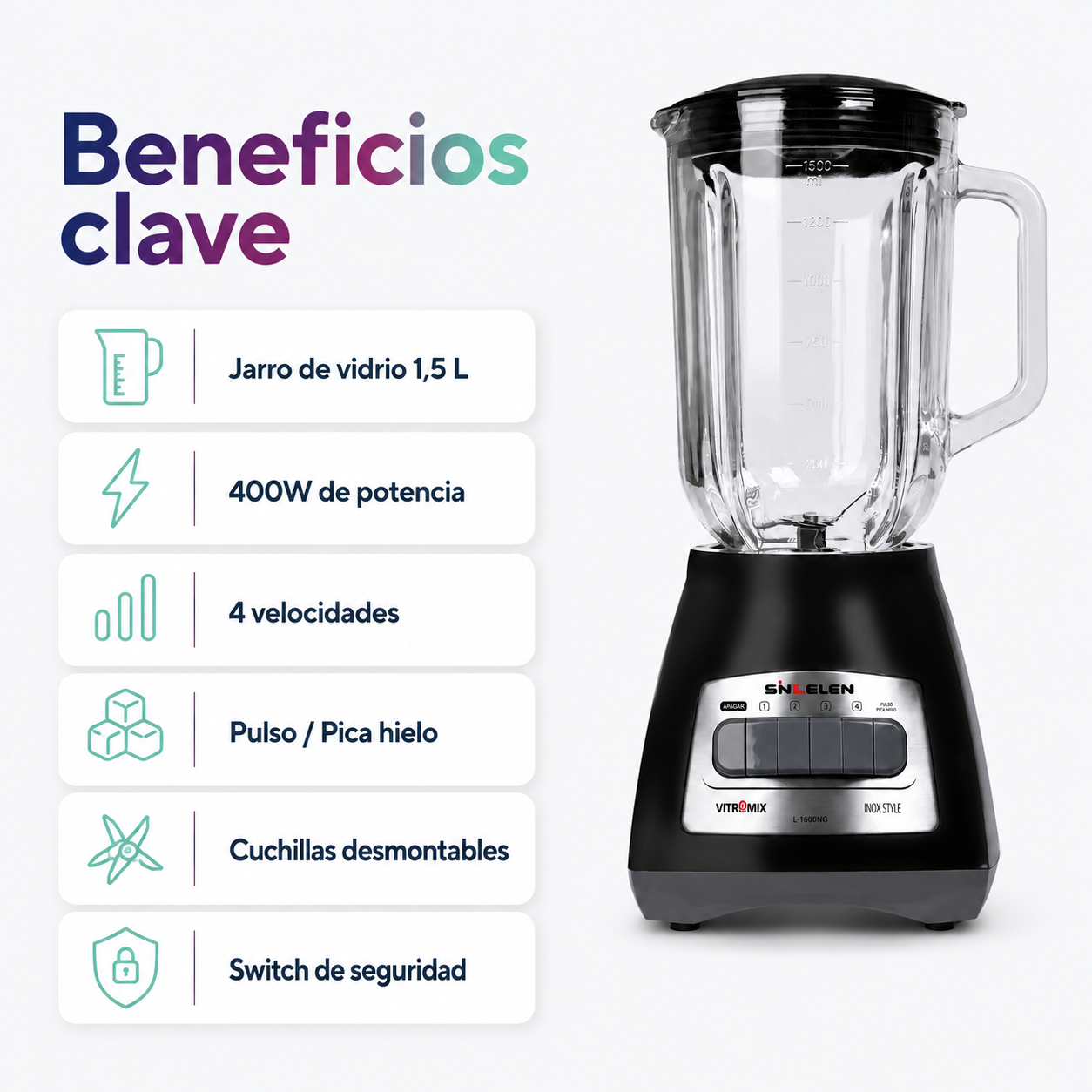 Licuadora Juguera Sindelen L 1600ng Jarro Vidrio 1 5lt 400w-1