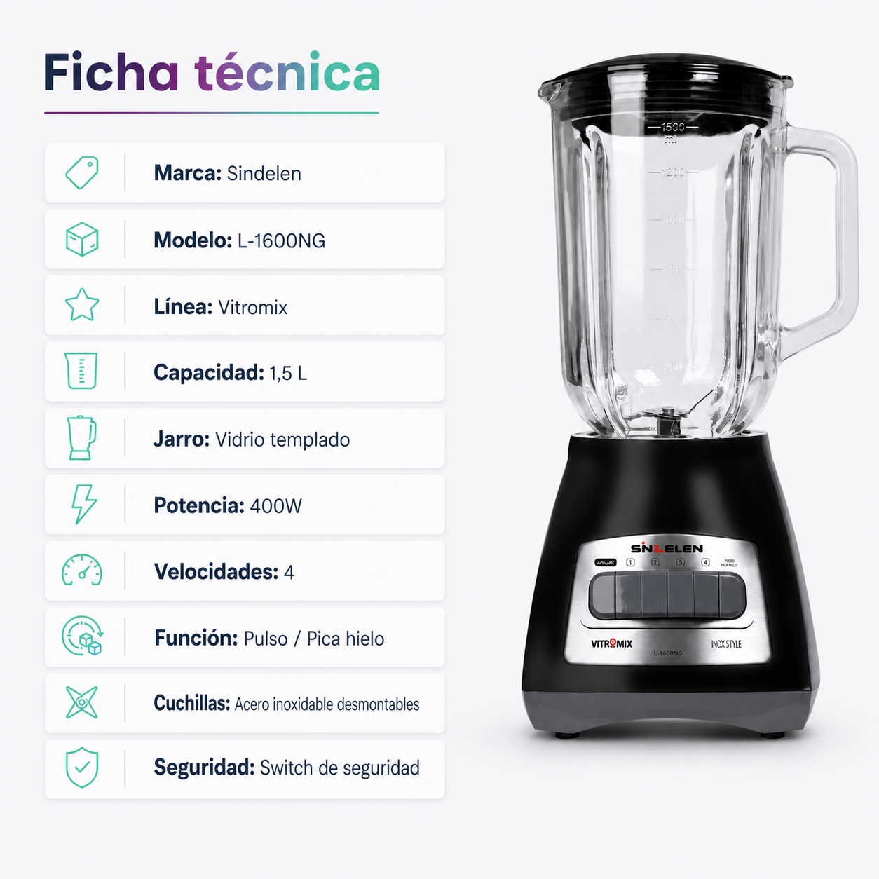 Licuadora Juguera Sindelen L 1600ng Jarro Vidrio 1 5lt 400w-3