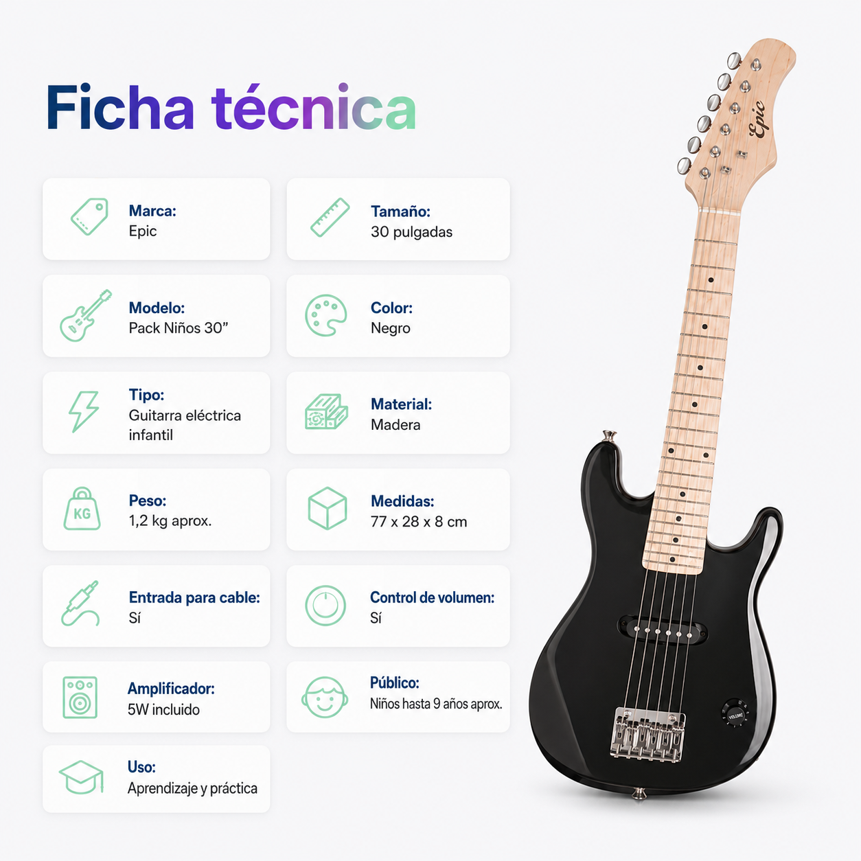 Guitarra El ctrica Ni os Epic Amplificador 5w con funda y accesorios-3