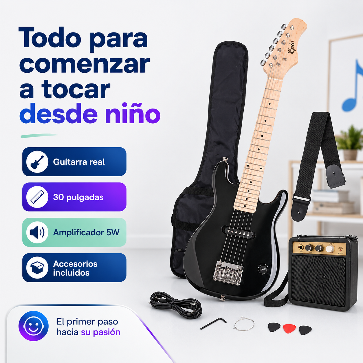 Guitarra El ctrica Ni os Epic Amplificador 5w con funda y accesorios-4