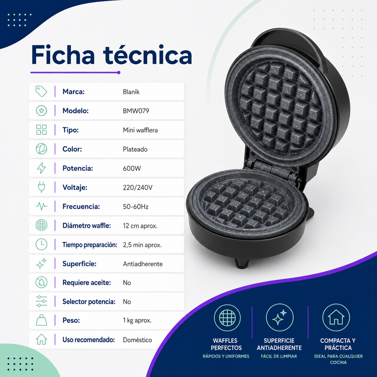 Máquina Mini Waffles Wafles Wafflera Blanik Bmw079 -3