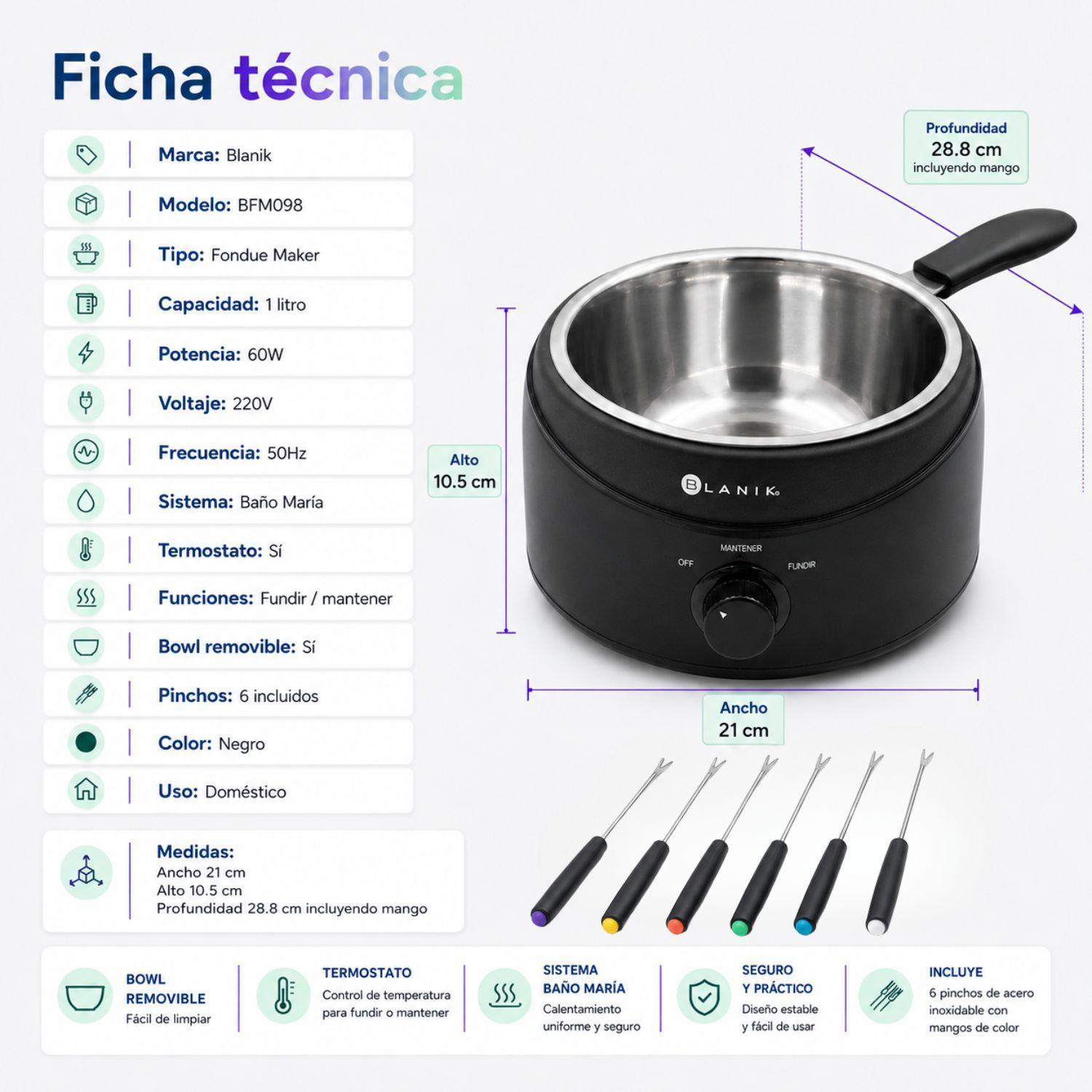 Fondue Maker Blanik Bfm098 Electrico 1 Litro Con 6 Pinchos-3