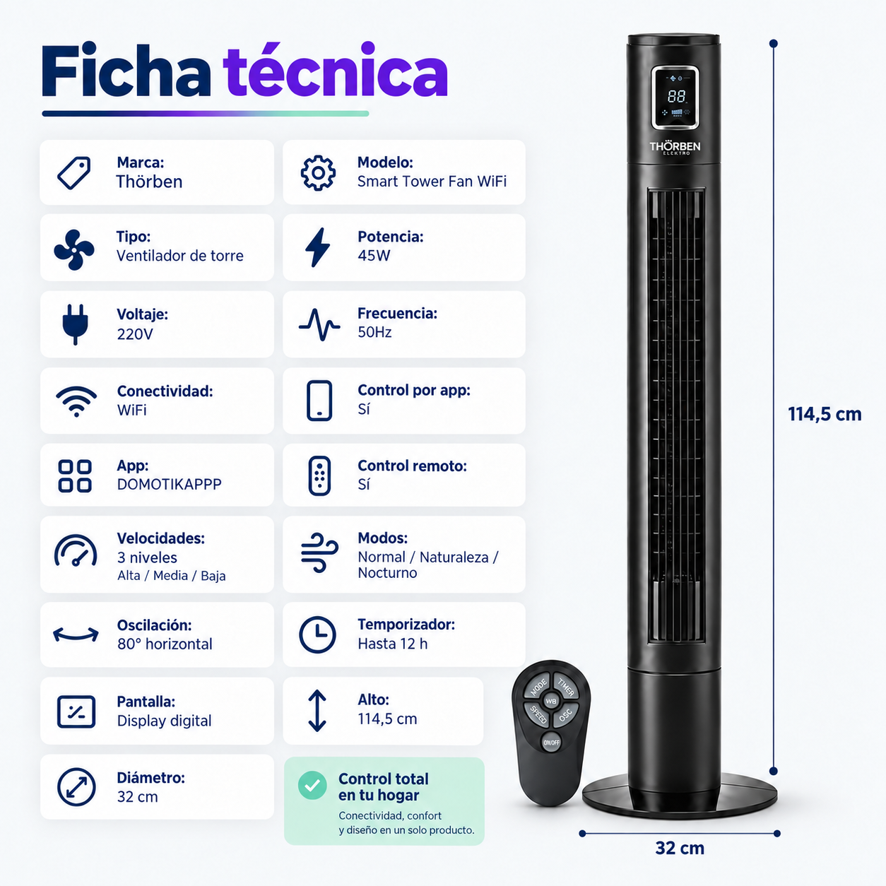 Ventilador de Torre Silencioso Wifi Thorben Thor Smart Tower + Control-3