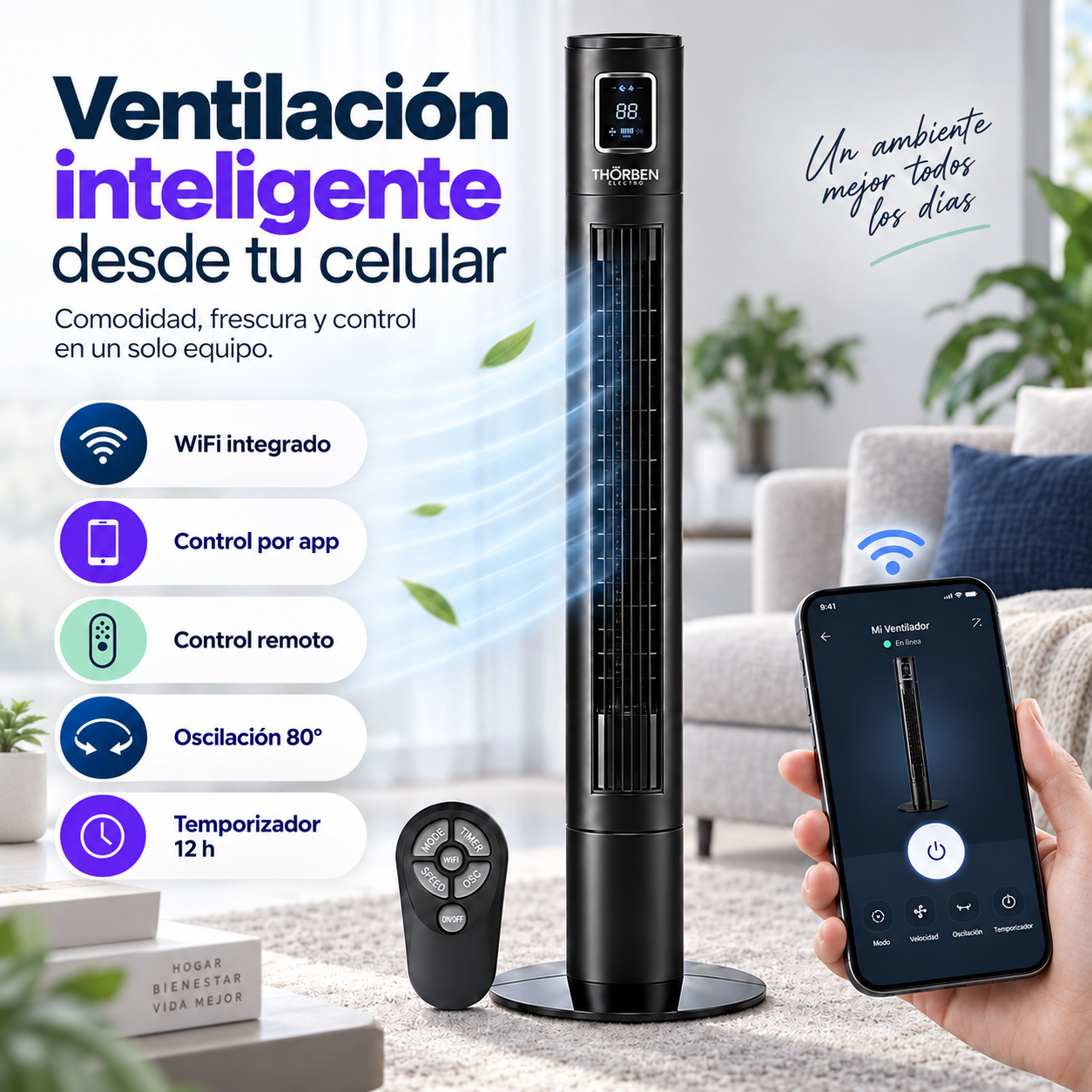Ventilador de Torre Silencioso Wifi Thorben Thor Smart Tower + Control-4
