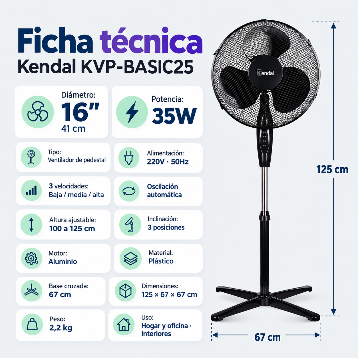 Ventilador Pedestal Silencios 16 Pulgadas Kvp-basic25 Kendal-3