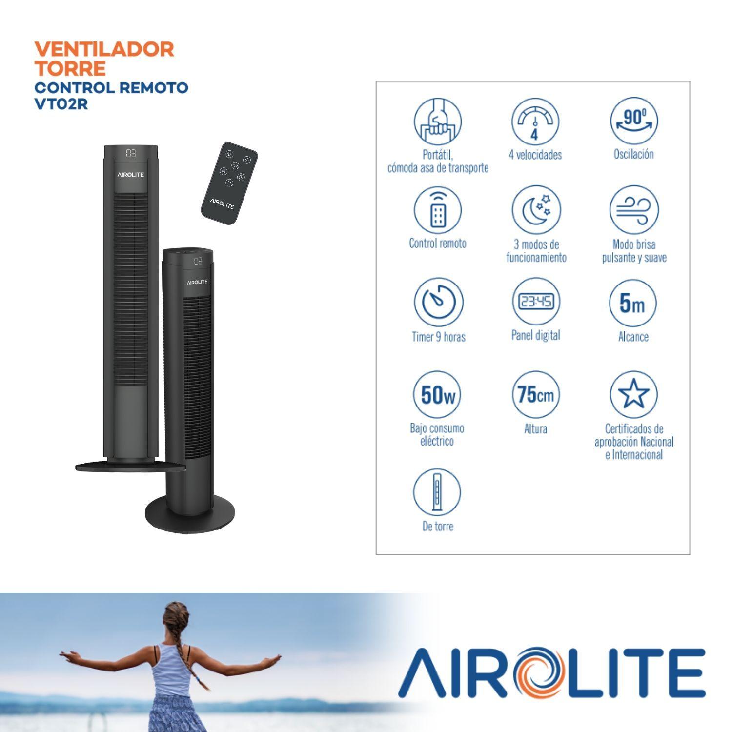 Ventilador Torre Pie Silencioso Control Remoto Vt02r Black Airolite-2