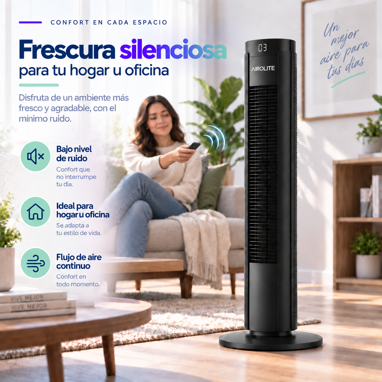 Ventilador Torre Pie Silencioso Control Remoto Vt02r Black Airolite-2