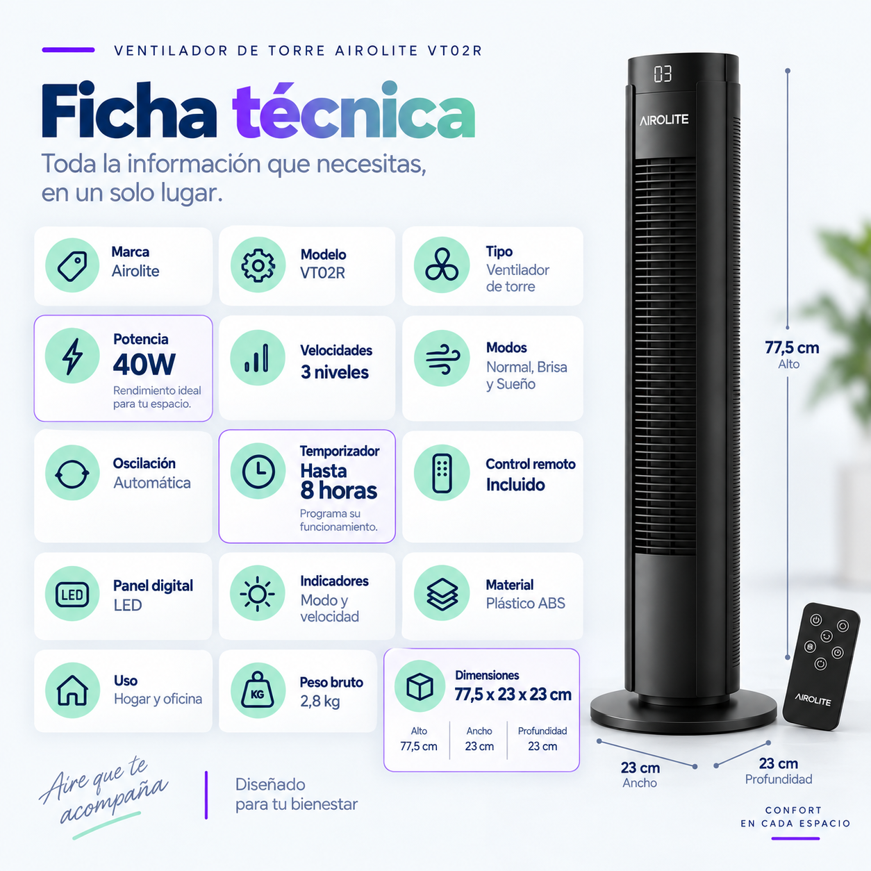Ventilador Torre Pie Silencioso Control Remoto Vt02r Black Airolite-3