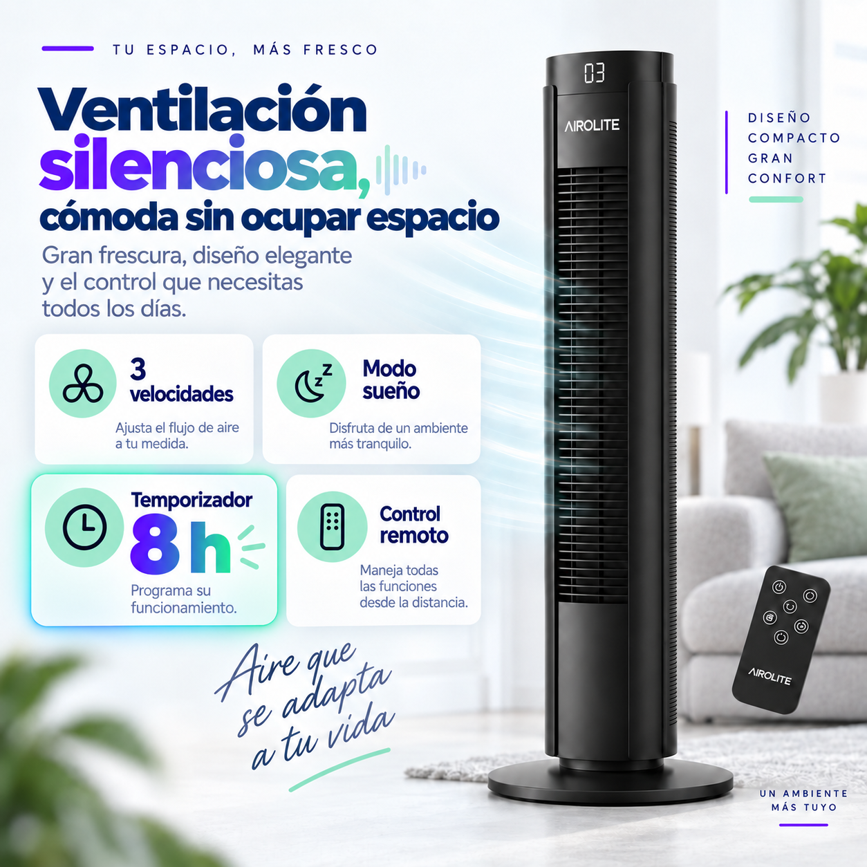 Ventilador Torre Pie Silencioso Control Remoto Vt02r Black Airolite-4