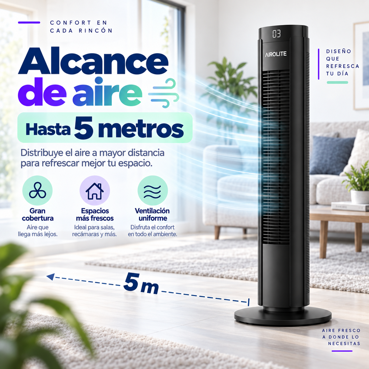 Ventilador Torre Pie Silencioso Control Remoto Vt02r Black Airolite-5