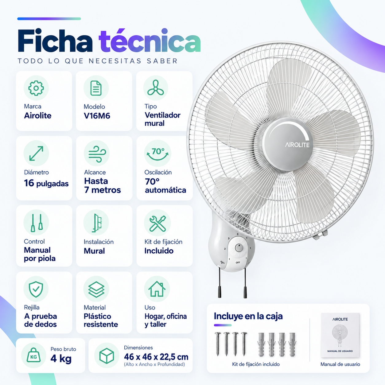 Ventilador Pared Muro Silencioso Con Piola V16m6 Airolite-3
