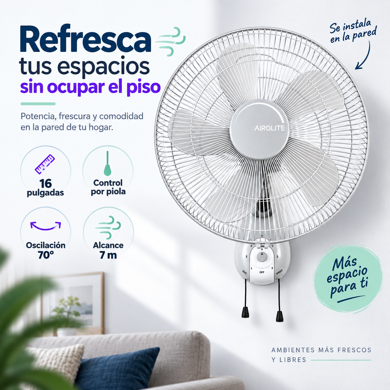 Ventilador Pared Muro Silencioso Con Piola V16m6 Airolite-4