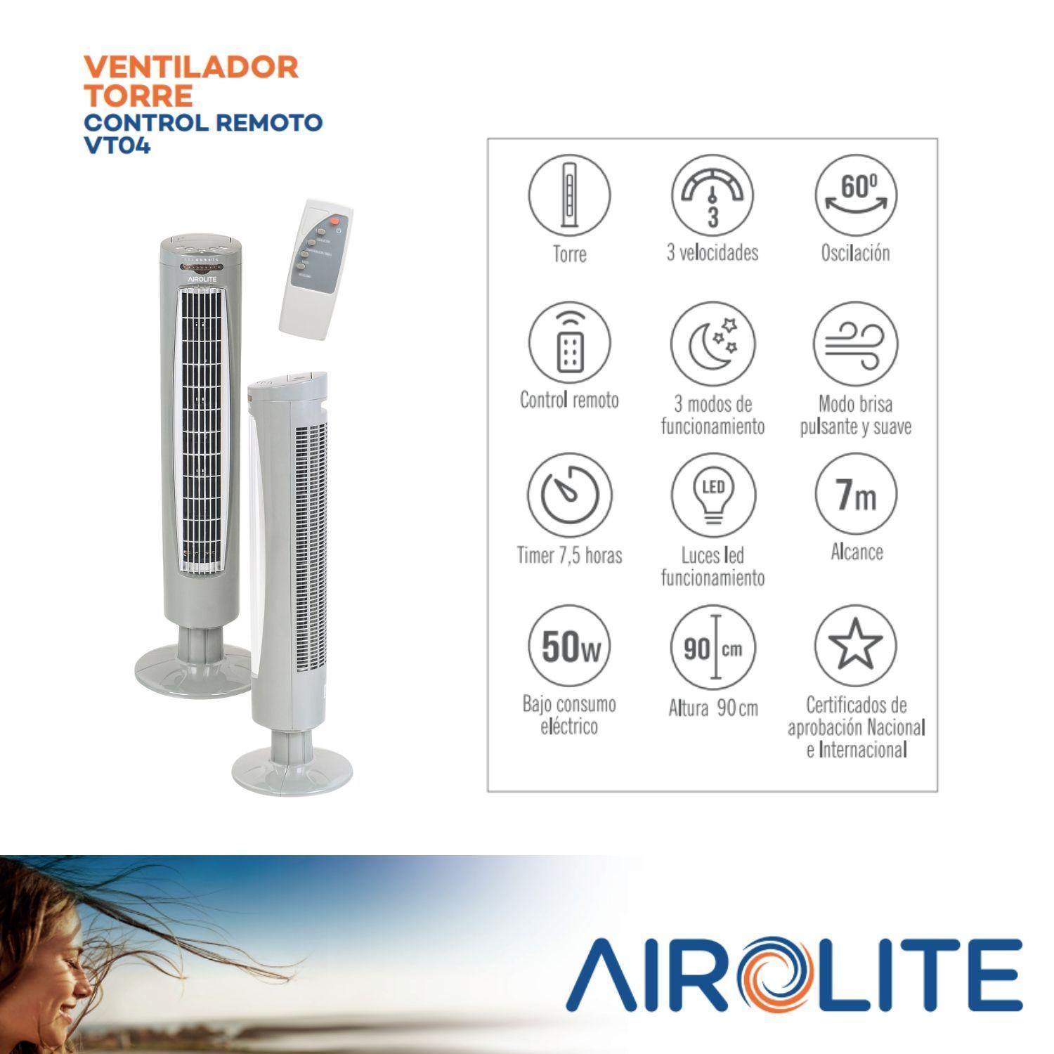 Ventilador Torre Pie Silencioso Control Remoto Vt04r Airolite-2