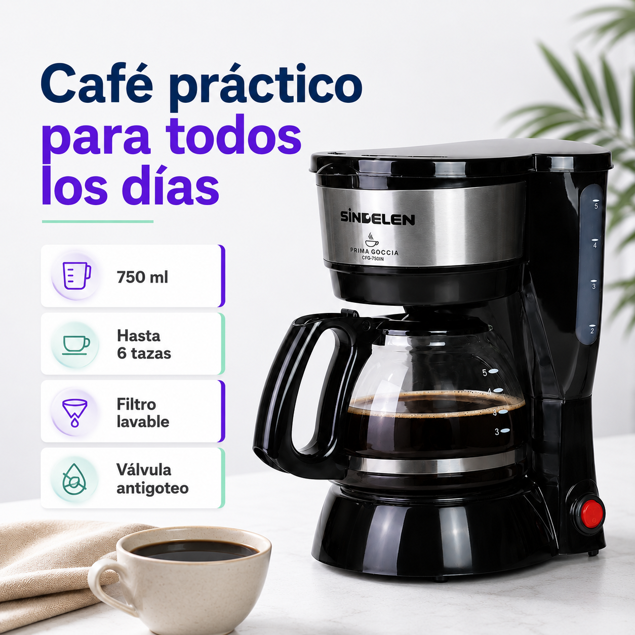 Cafetera Electrica De Goteo Sindelen Cfg 750in 600w 750 Ml-4