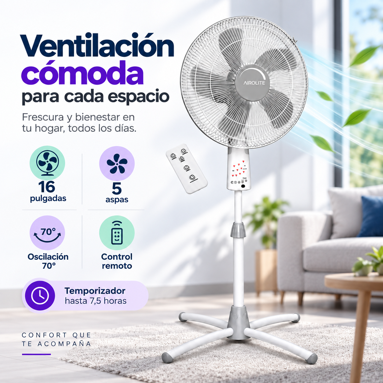 Ventilador Pedestal Pie Silencioso 16 C/r  V16p6r Airolite-4