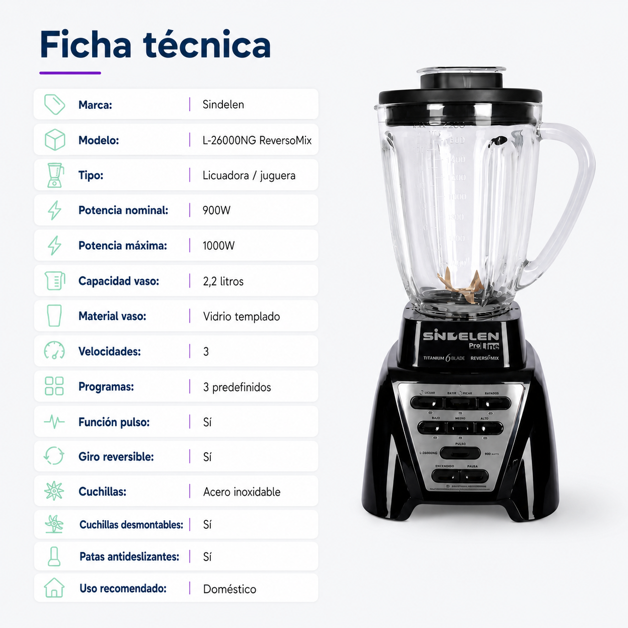 Licuadora Juguera Pica Hielo Reversa 2 2l L 26000 Sindelen-3