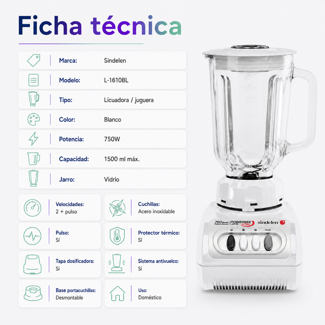 Licuadora Juguera Sindelen L-1610BL Jarro Vidrio 1,5lt 750w-3