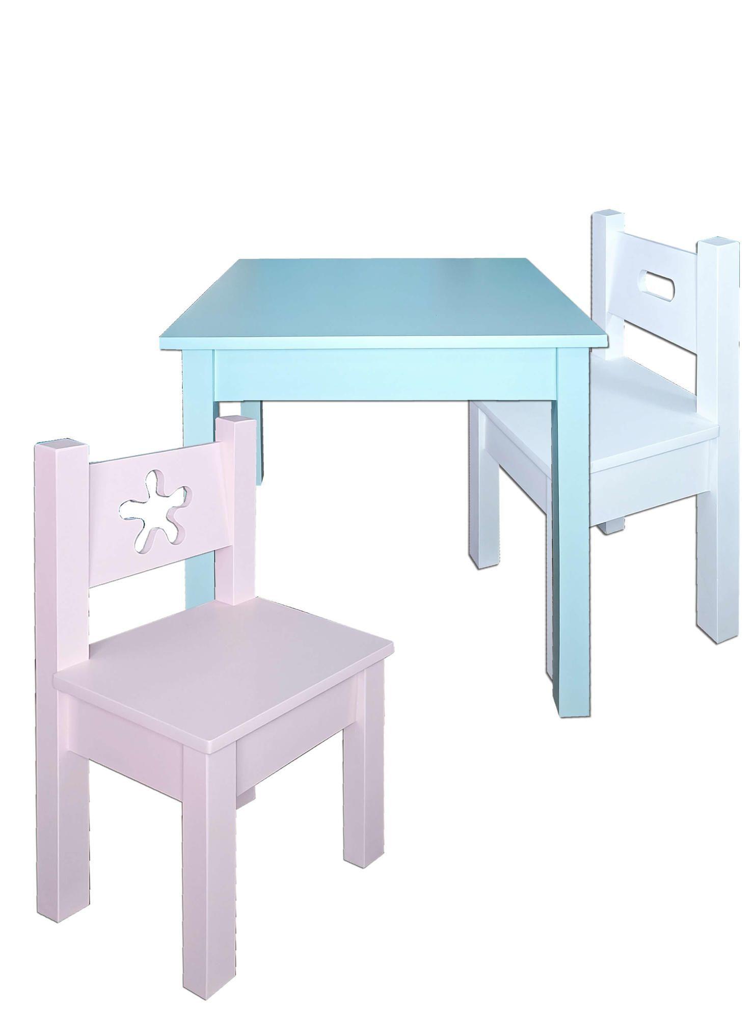 Mesa Infantil Celeste con 2 Sillas blanca y Rosada Pastel-2
