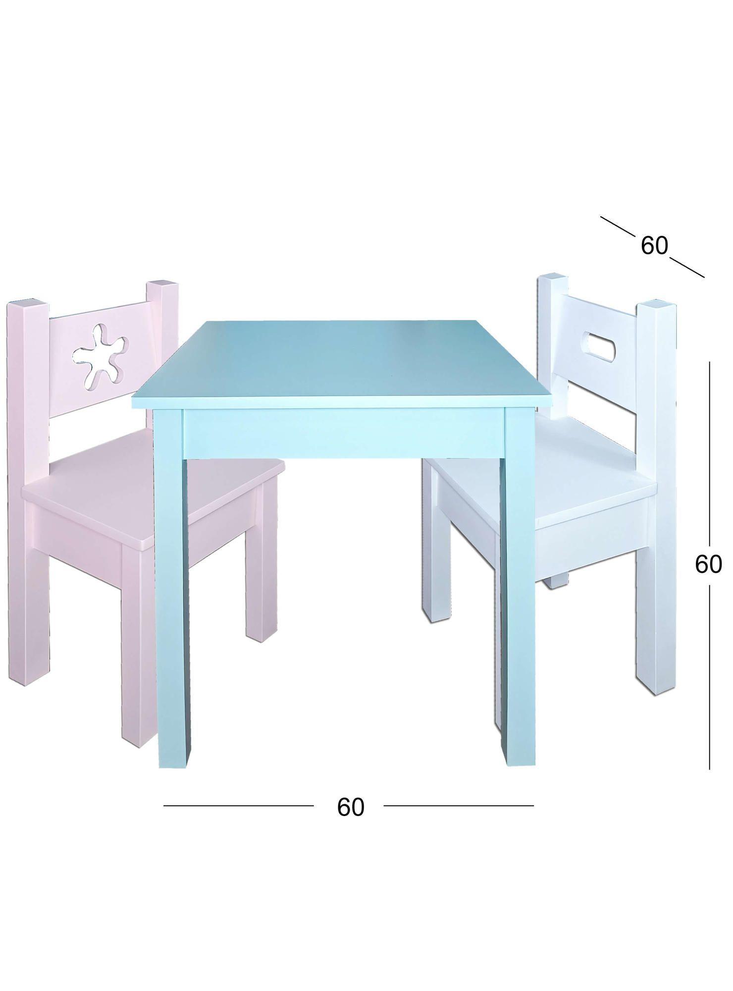 Mesa Infantil Celeste con 2 Sillas blanca y Rosada Pastel-3