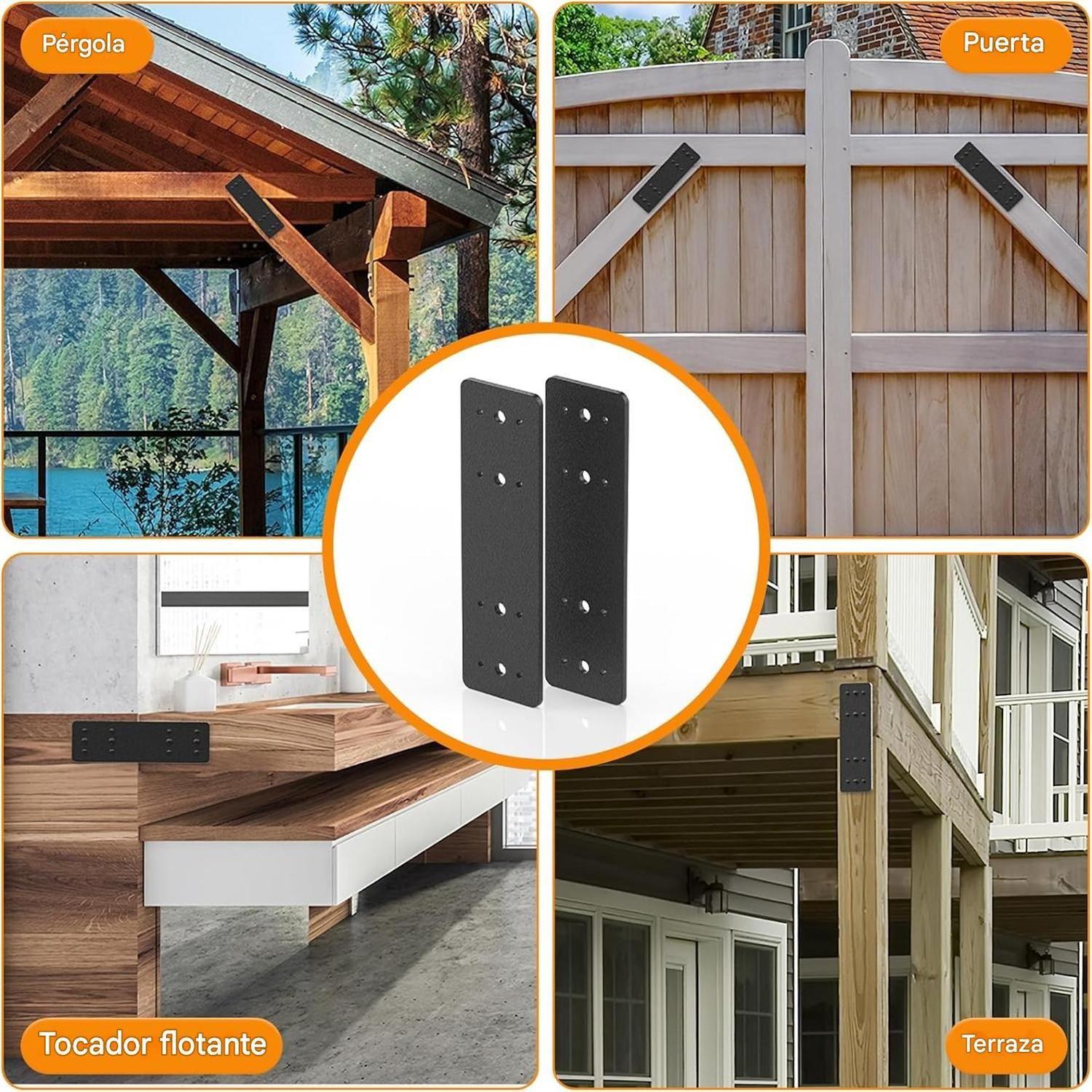 Placa Acero Unión Recta Negra Vigas Madera Pérgolas 25.4cm-2