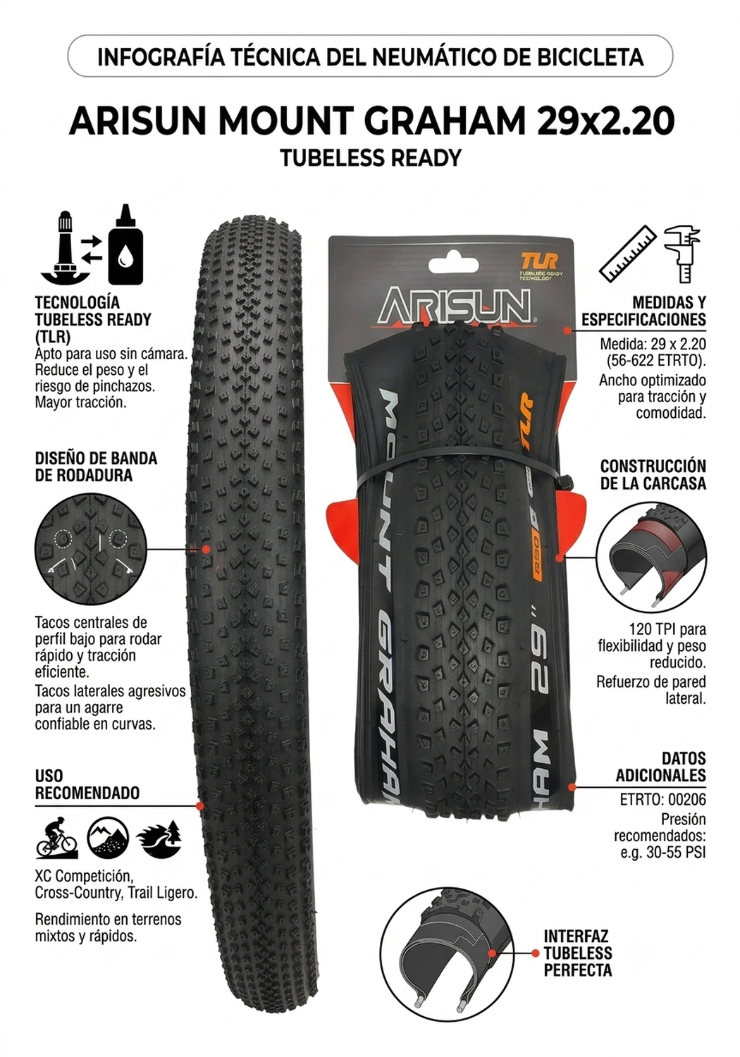 Neumatico 29x2.20 Arisun Mount Graham Kevlar TR Bicicleta-2