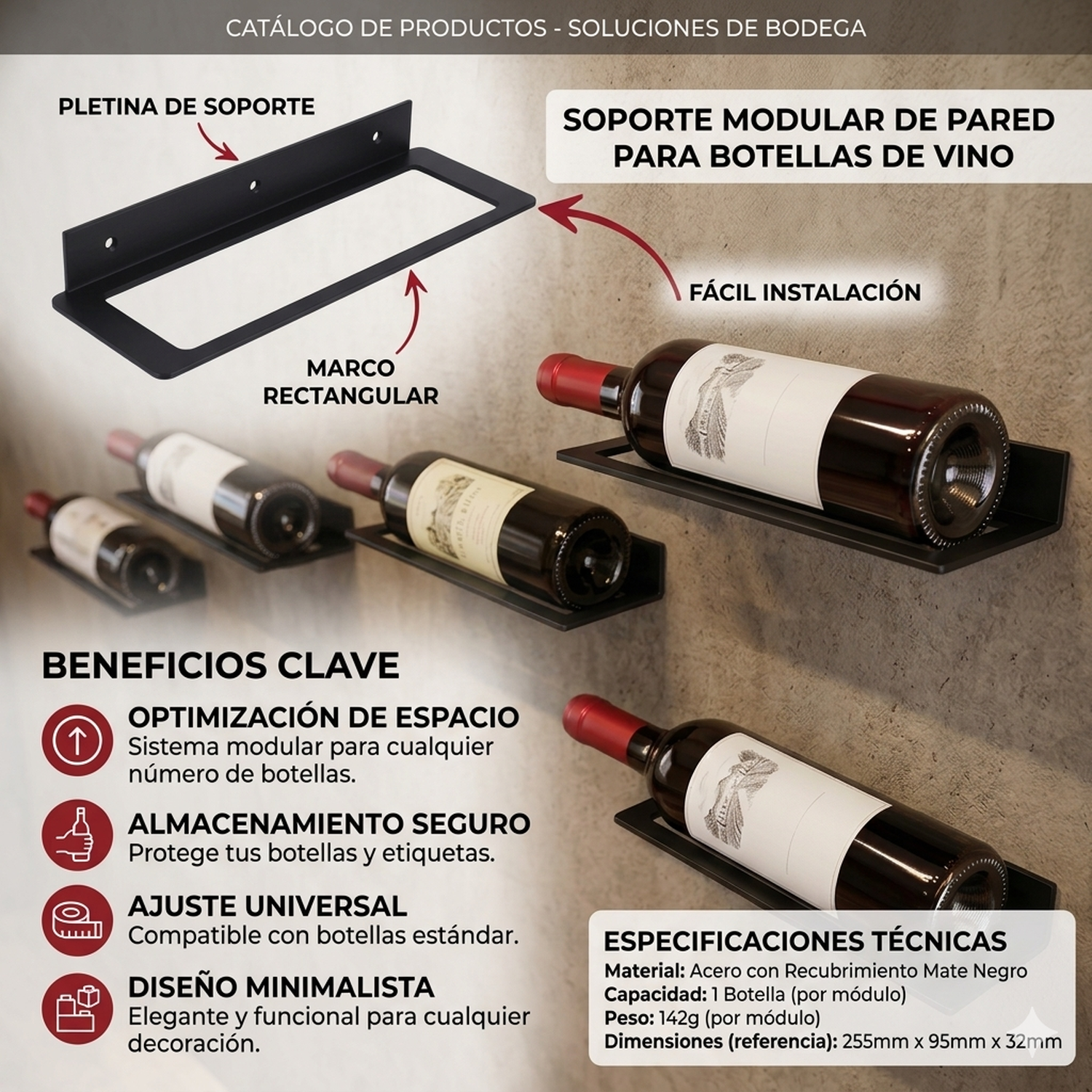 Soporte Muro Botella De Vino Rack Metálico Cava Flotante-6