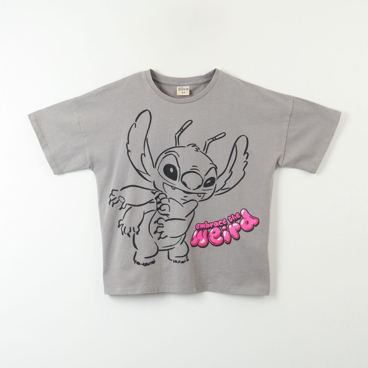 Polera Manga Corta Niña Lilo & Stitch Acid Wash Gris Disney-0