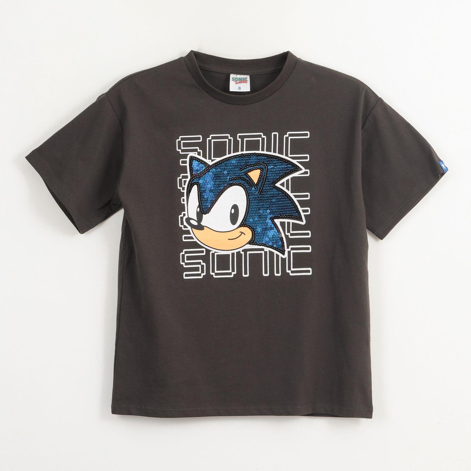 Polera Manga Corta Niño Gris Face Lentejuelas Sonic-0