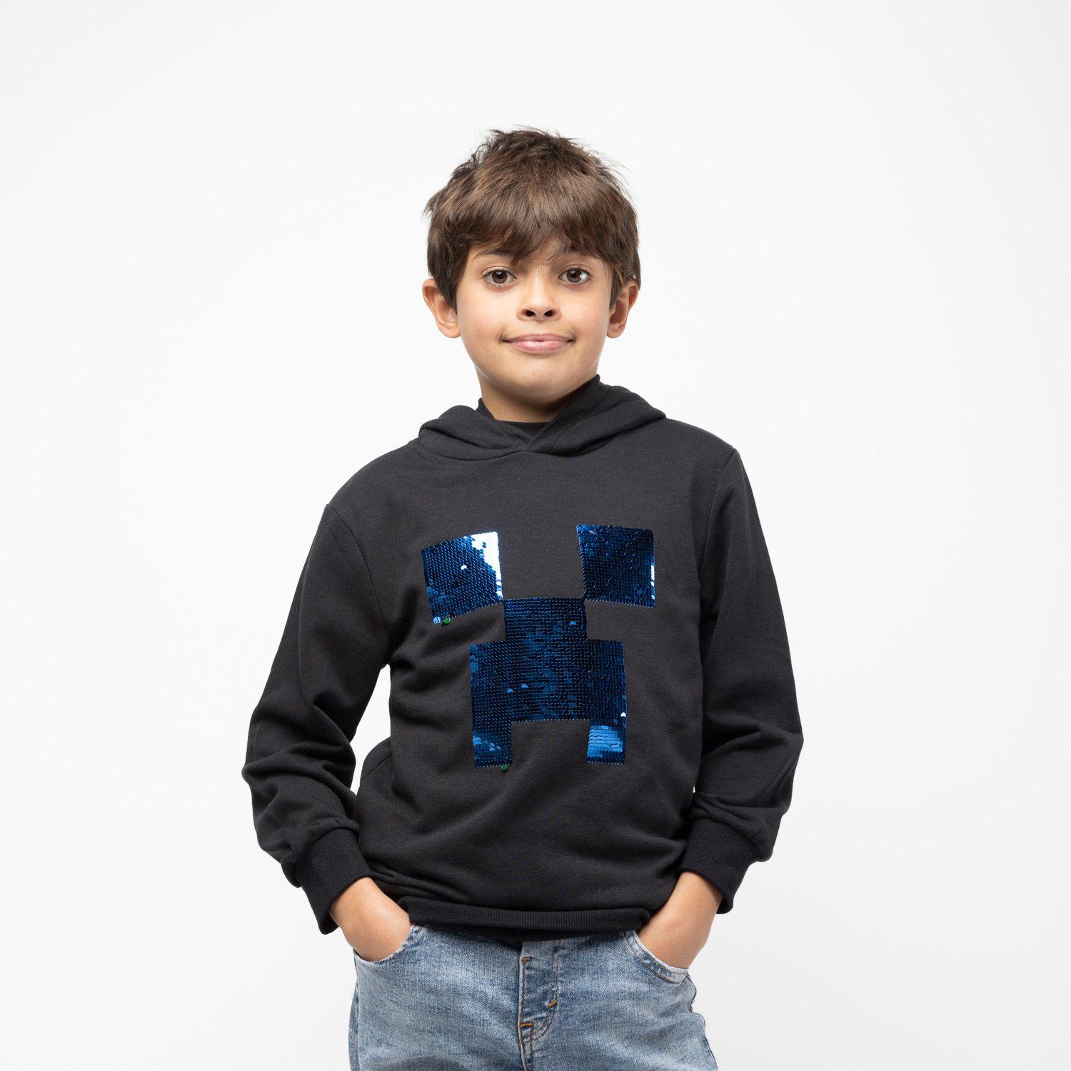 Poleron Con Gorro Niño Lentejuelas Negro Minecraft-0