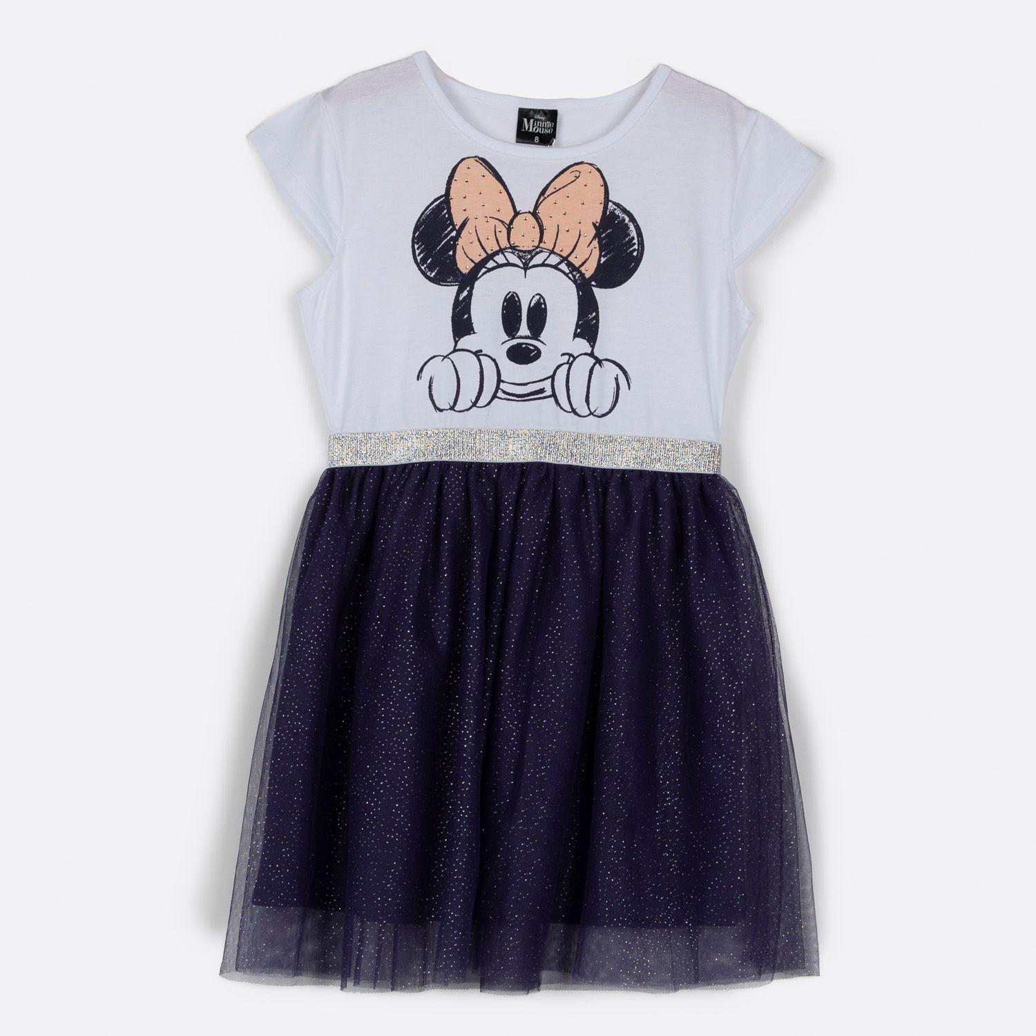 Vestido Niña Cara Minnie Brillos Blanco Disney-0